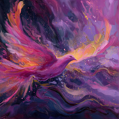 abstract representation of god, holy spirit, pentecost with vibrant violet, pink & orange design; artistic modern sky & dove flying 