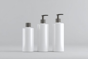 Three cylindrical white bottles with dark grey pump tops, varying in height, arranged on a light grey background
