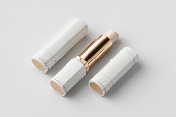 A white and gold cosmetic stick rests between two identical, empty cases on a light gray background; a minimalist product shot
