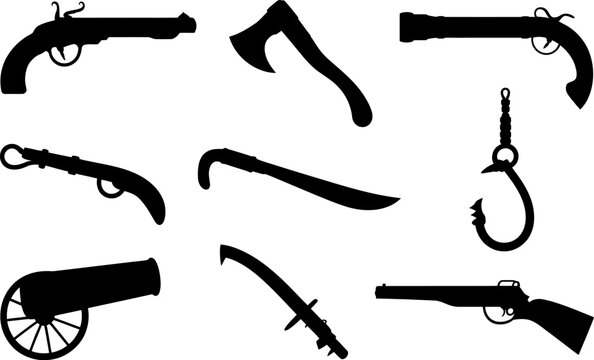 Black silhouettes of antique weapons and tools vector illustration clipart design element set collection editable stock vector illustration