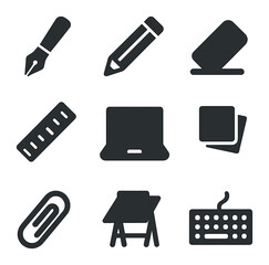 Obraz premium Writing Tools Icons Grid. Solid, filled icons set of writing tools and materials: fountain pen, pencil, eraser