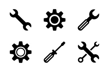 Assortment of black and white tools and gear icons