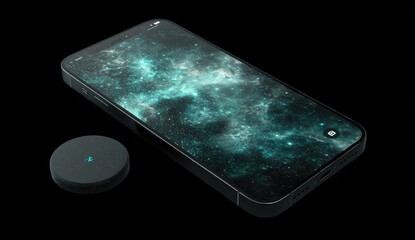 Smartphone displaying a nebula image rests beside a small, dark, circular device on a black background