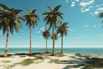 Tropical beach scene featuring palm trees sandy shoreline and gentle ocean waves under blue skies