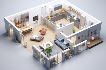 Modern apartment interior design isometric view demonstrating contemporary furniture and living spaces