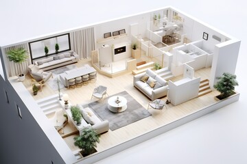 Modern interior design isometric view showing furniture and architectural elements in a bright layout
