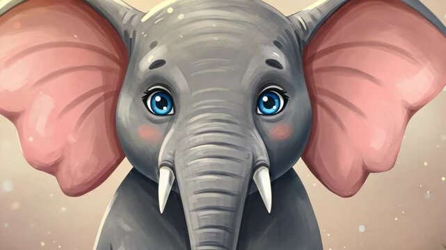 Adorable, illustrated elephant calf portrait with big, blue eyes