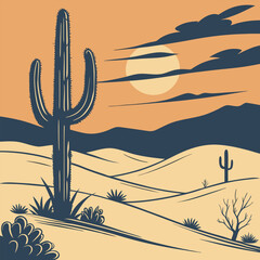 Desert Landscape with Cactus and Sunset – Vector Silhouette Nature Scene