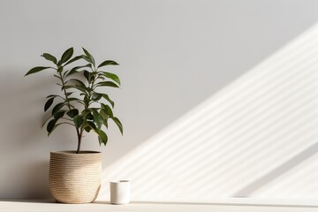 Indoor plant in woven pot with candle and natural light on white wall
