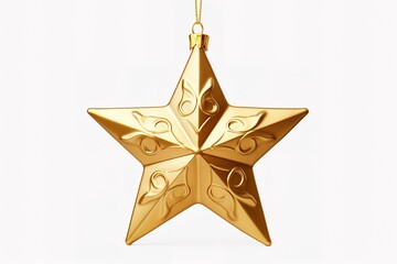 Golden christmas star ornament hanging with intricate decorative swirls isolated on white background