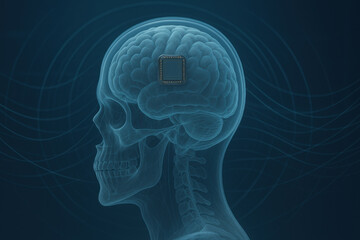 Futuristic brain with neural implant, showcasing advanced technology and human anatomy. This represents integration of artificial intelligence and human cognition, evoking curiosity and innovation