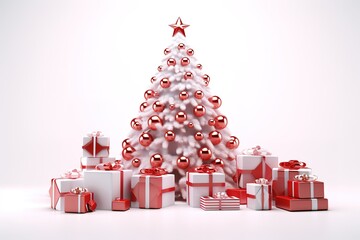Festive christmas tree ornamented with metallic red balls and beautifully wrapped gifts