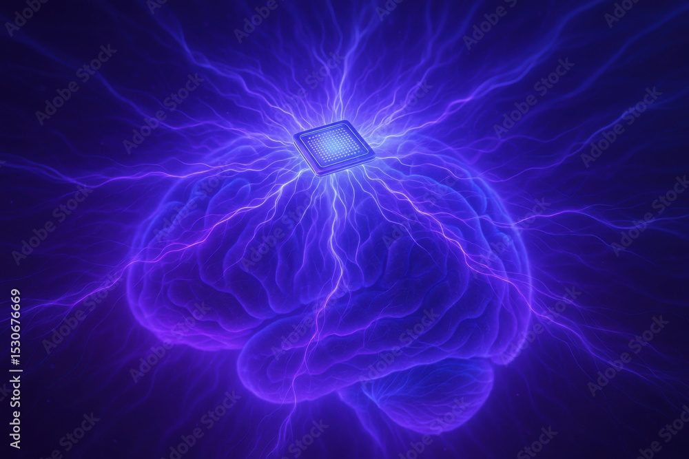 Poster neural interface technology depicted with glowing brain and microchip, symbolizing fusion of human c