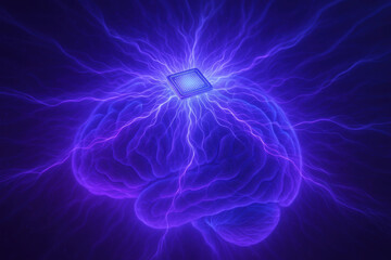 Neural interface technology depicted with glowing brain and microchip, symbolizing fusion of human cognition and advanced computing. vibrant purple colors enhance futuristic theme