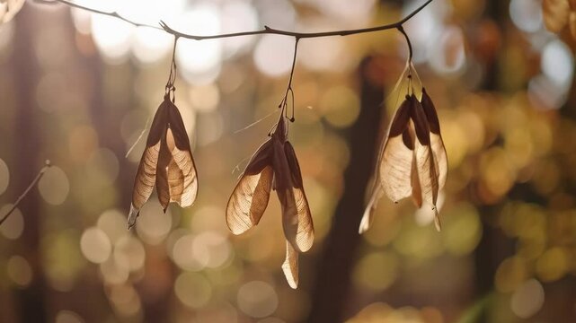 Autumnal maple seeds hanging from a branch, backlit by the warm sunlight with an out-of-focus foliage background.