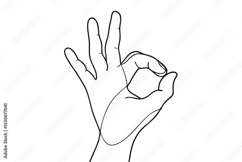 Poster continuous line drawing of a hand displaying an ok gesture isolated on transparent background
