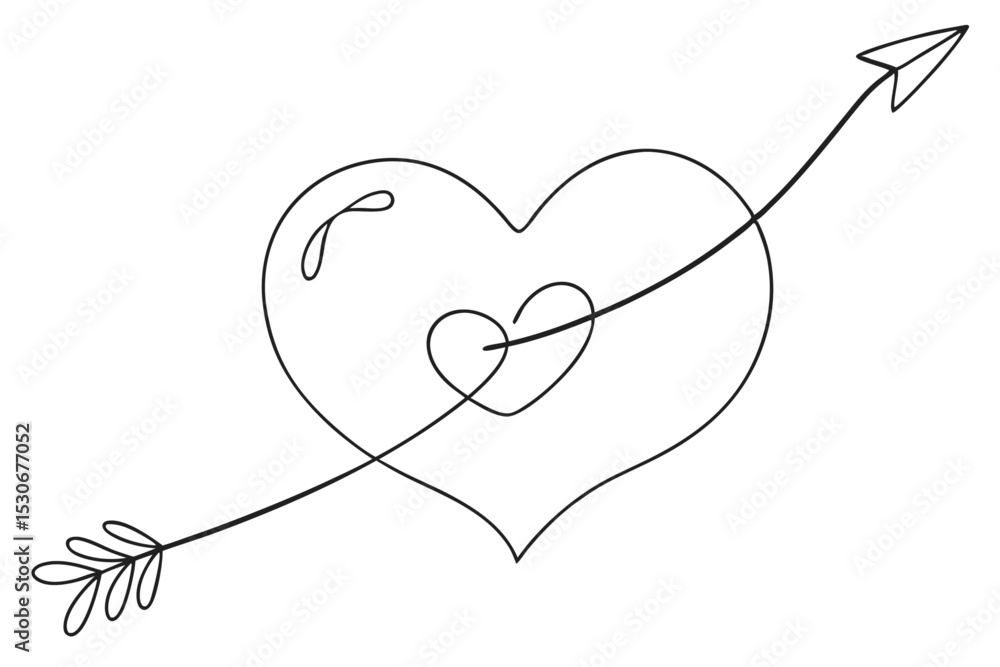 Poster continuous line drawing heart with arrow isolated on transparent background