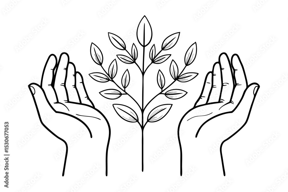 Poster continuous line drawing of hands pressed together isolated on transparent background