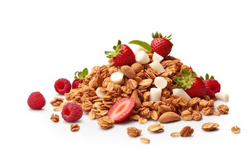 Delicious pile of granola with fresh strawberries raspberries almonds and white chocolate on white