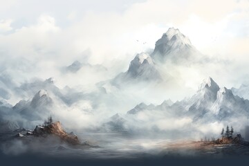 Majestic mountain landscape painting capturing serene peaks and misty cloud formations in a peaceful scene