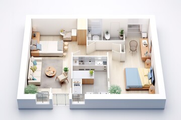 Modern apartment interior design illustrated top down perspective with furniture arrangement