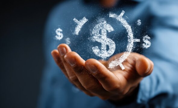 Hand holding a dollar symbol surrounded by yen and dollar symbols, forming a clock shape, symbolizing the concept of cost per hour