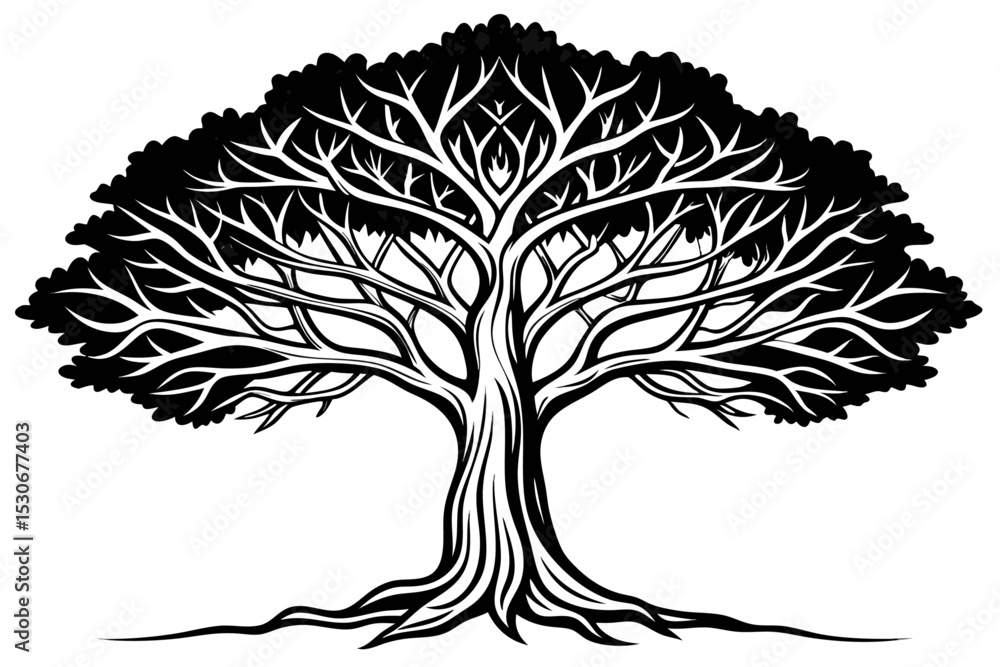 Poster continuous line drawing of a large tree isolated on transparent background
