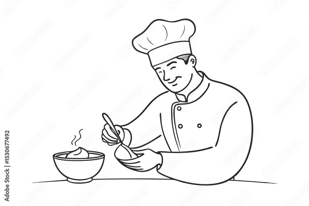 Poster continuous line drawing of a chef preparing food isolated on transparent background