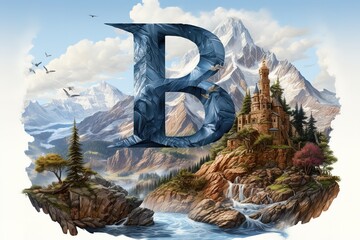 Majestic fantasy landscape with a towering castle and the letter b in a beautiful scene