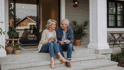 Mature couple relaxing on porch with drinks