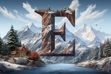 Artistic representation of the letter e crafted from mountainous landscape elements