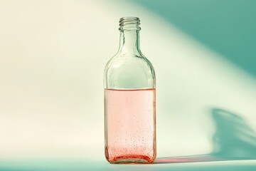 Glass bottle filled with a pink liquid against a pale background.