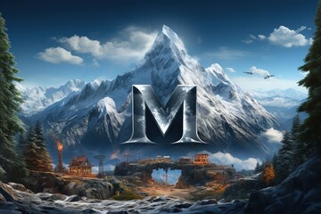 Majestic mountain landscape with the metallic letter m and fantasy cityscape below