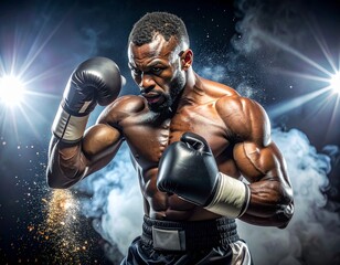 An intense shot of a muscular boxer in a boxing stance, focused and ready to fight. The atmosphere is charged with energy