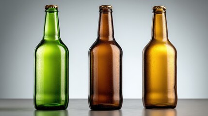 Three Beer Bottles in Green Brown and Amber Glass Displayed on a Table