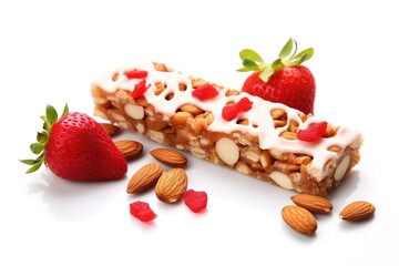 Delicious healthy energy bar with strawberries and almonds isolated on white background