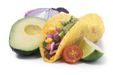 Vegetarian Taco and ingredients isolated on White Background. Vegan taco with beans 