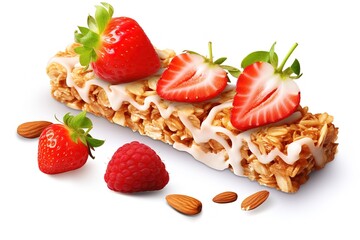 Delicious granola bar topped with strawberries and almonds isolated on a white background