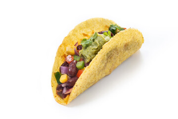 Vegan mexican Taco with beans ,guacamole ,tomato and vegetables isolated on White Background.