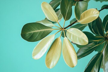 Vibrant leaves against a teal background.