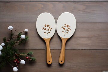 Two hand mirrors with floral design and bamboo handles placed on a wooden surface