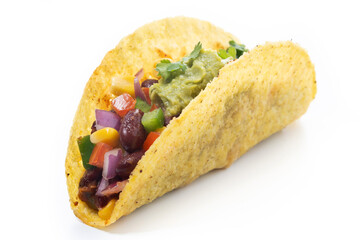 Vegan mexican Taco with beans ,guacamole ,tomato and vegetables isolated on White Background.