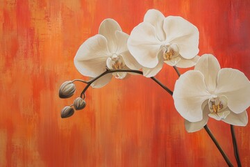 White orchids on a vibrant orange background.