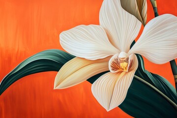 Detailed depiction of a vibrant orchid against a striking orange backdrop.