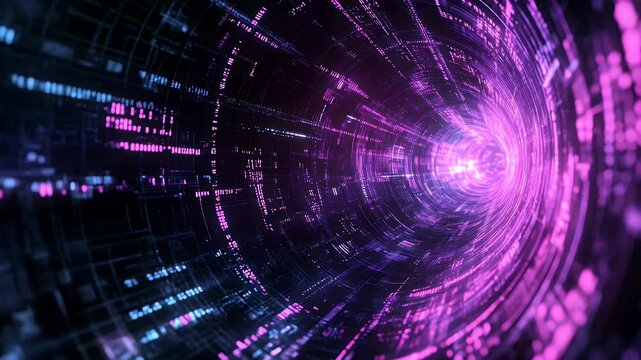 Abstract tunnel with glowing pink and blue neon lights and geometric patterns