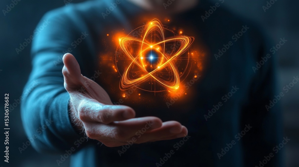Poster man holds abstract atom model concept presentation of powerful solution with orbit and energy