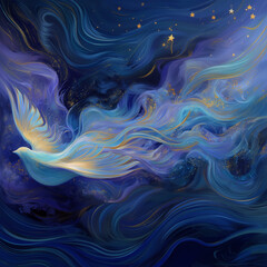 abstract representation of god, holy spirit, pentecost with vibrant navy blue design; artistic modern sky & dove flying 