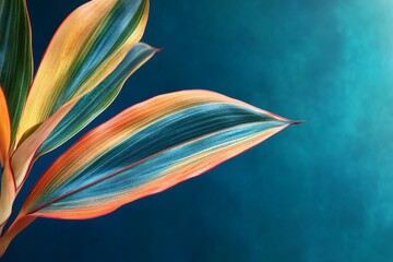 Vibrant leaves with multicolored veins against a teal background.