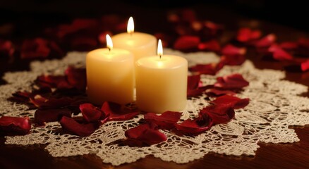 Candles and rose petals on a lace doily for a romantic Valentine's Day celebration