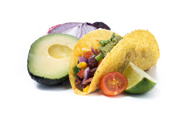 Vegetarian Taco and ingredients isolated on White Background. Vegan taco with beans 